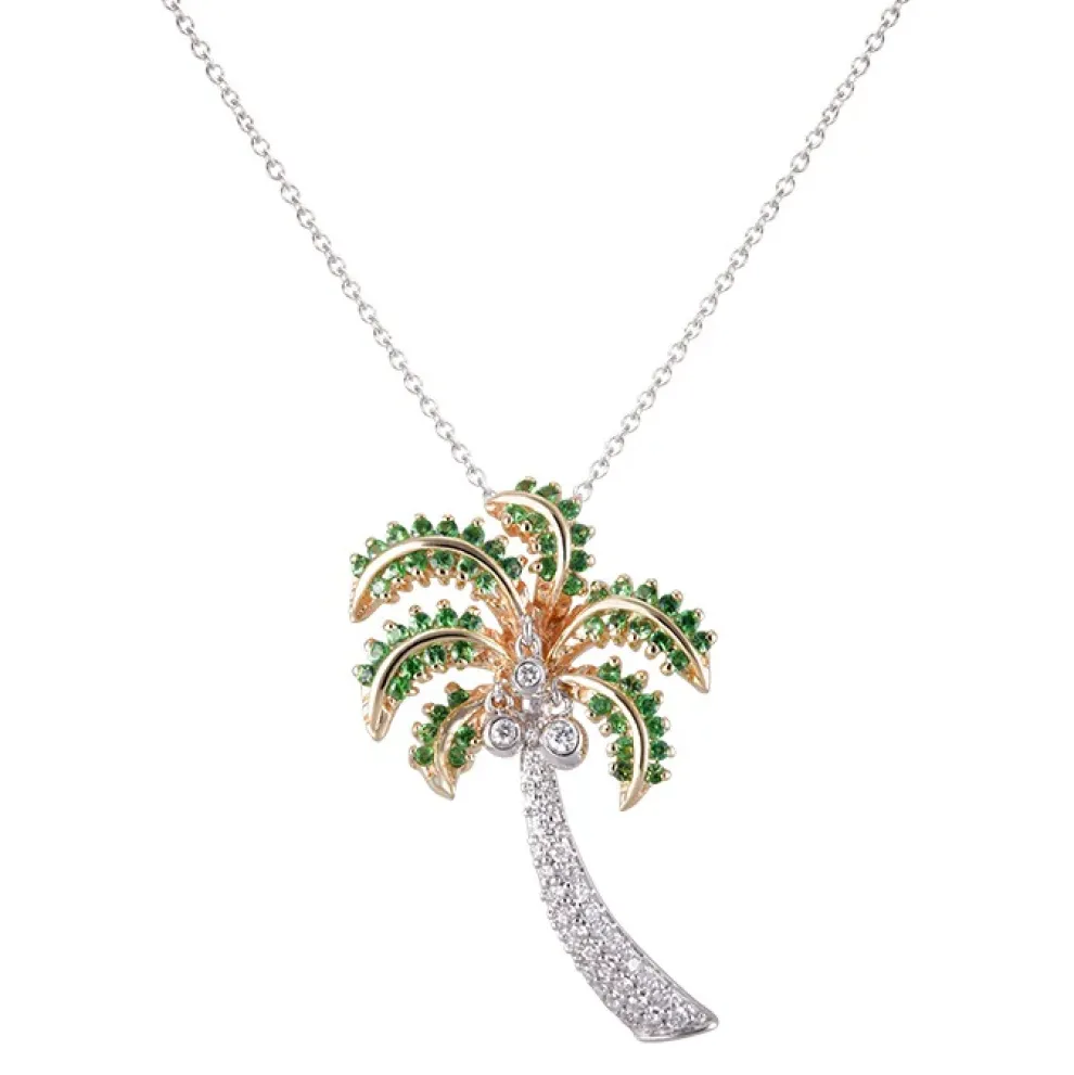 14K 2/Tone Palm Tree Pendant With 32 Diamonds And 61 Tsavorites