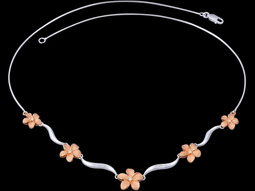 14K 2/Tone Plumeria Lei Necklace With 5 Diamonds