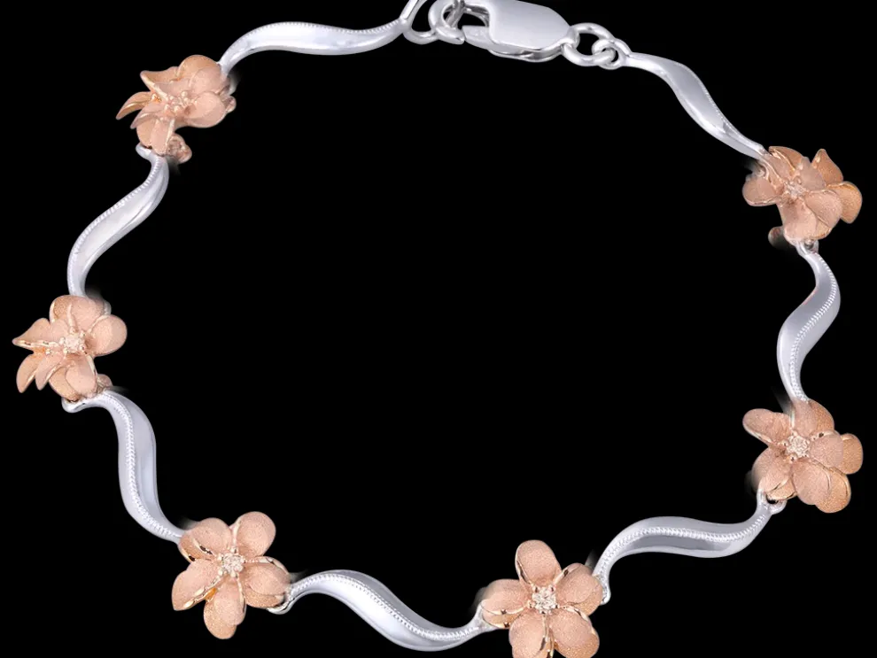 14K 2/Tone Plumeria Lei Bracelet With 6 Diamonds