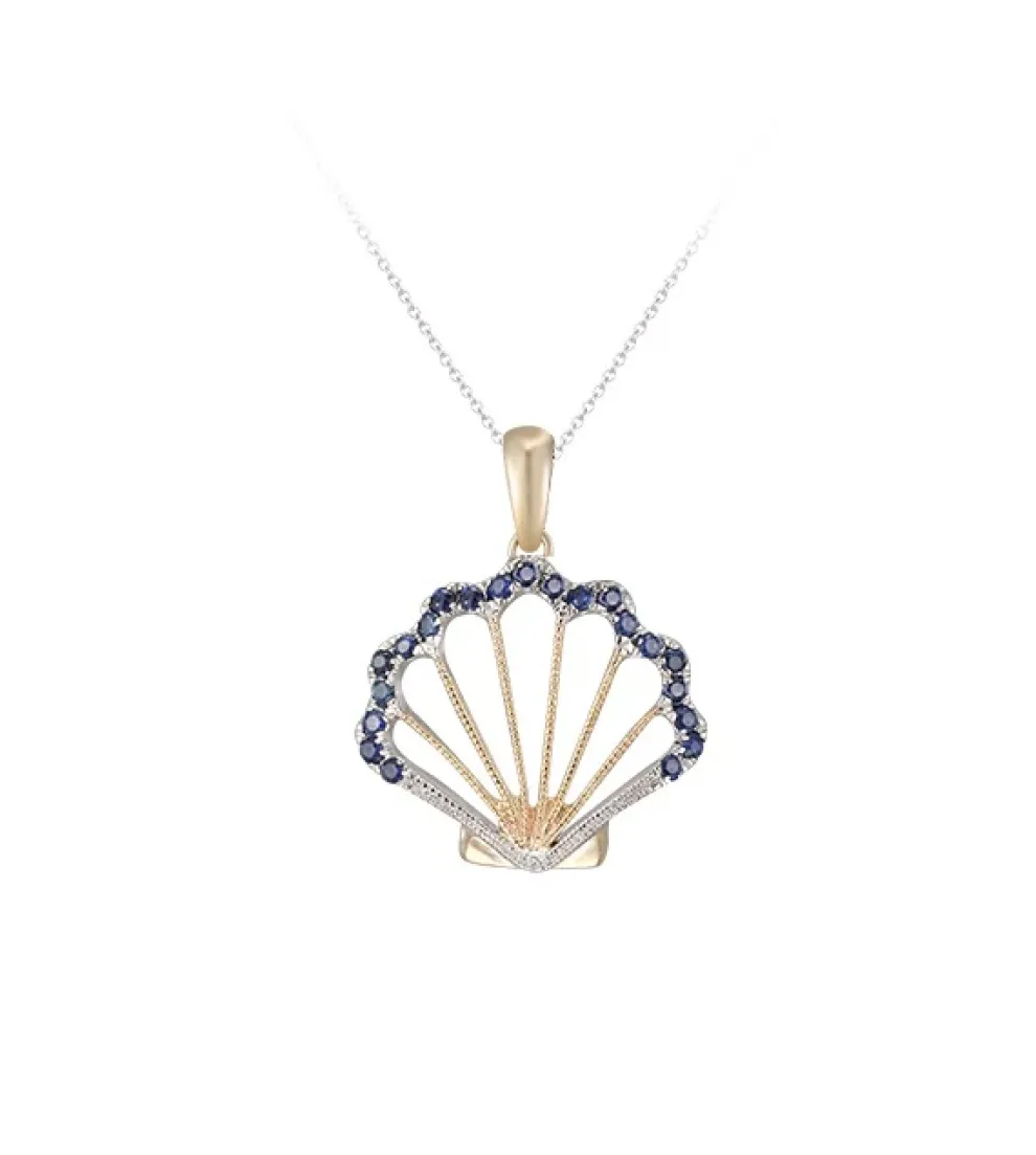 14K 2/Tone Shell Pendant With 21 Blue Sapphires