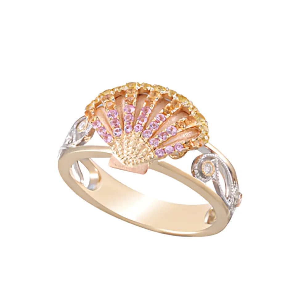 14K 3/Tone Shell Ring With 4 Diamonds And 48 Colored Sapphires