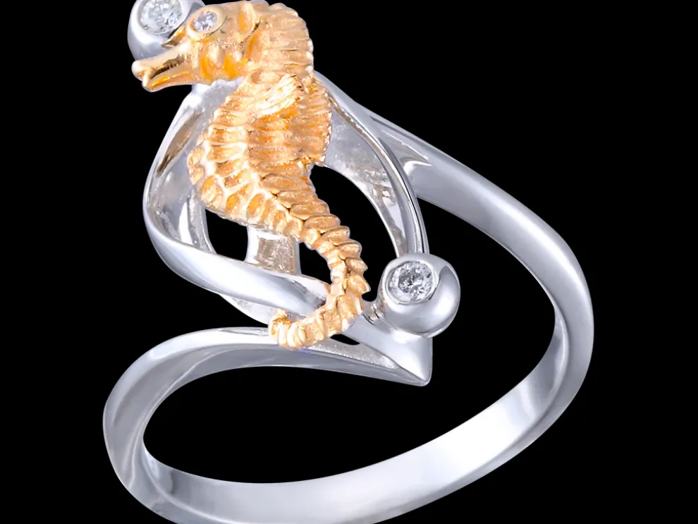 14K 2/Tone Single Sea Horse Ring With 3 Diamonds