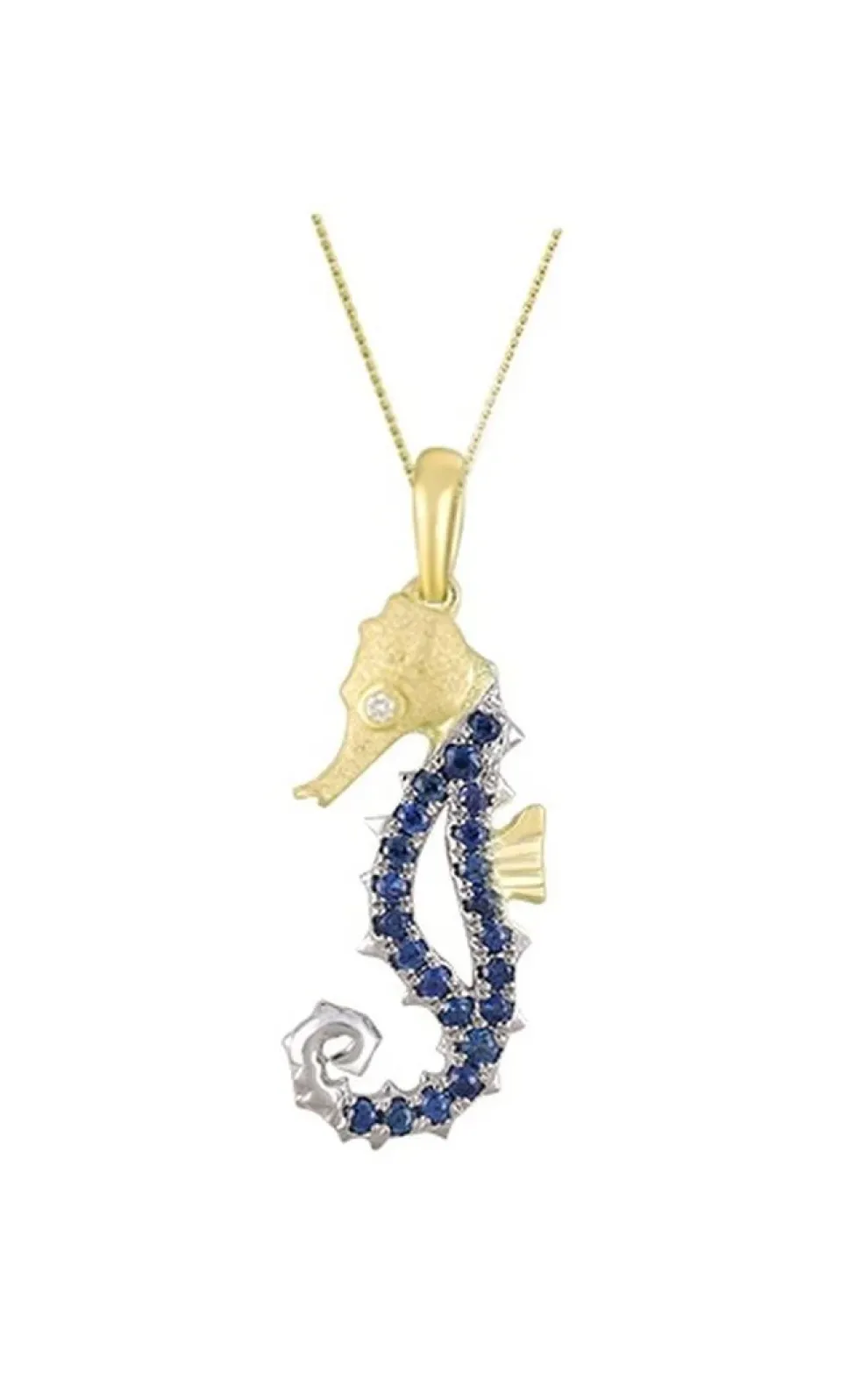 14K 2/Tone Single Sea Horse Pendant With Diamond And 22 Blue Sapphires