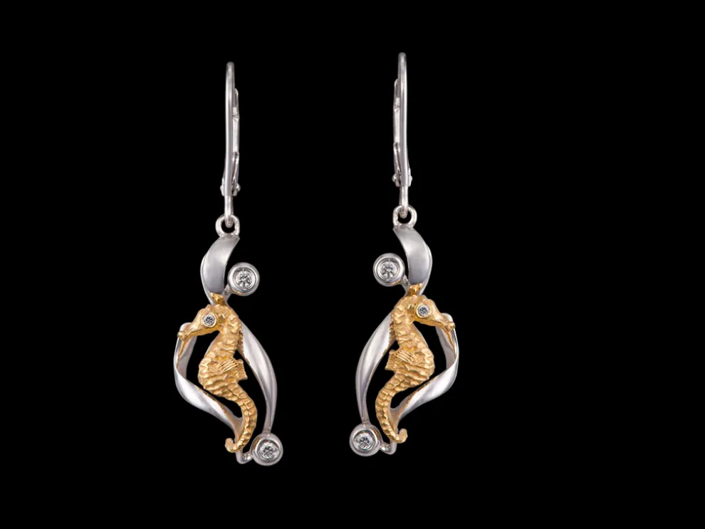 14K Two Tone Single Sea Horse Earrings With 6 Diamonds