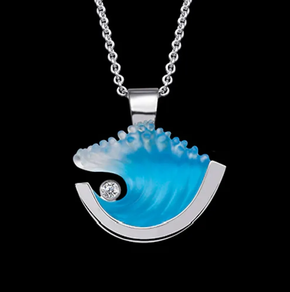 14K White Gold Medium Wave Pendant With Diamond