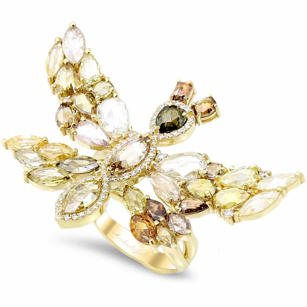 18K Yellow Gold Butterfly Ring With 0.45 Carat And 6.57 Carat Diamonds