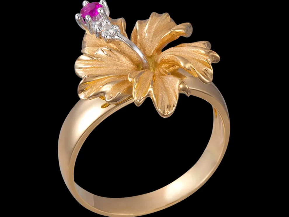 15Mm 14K Hibiscus Ring With 2 Diamonds And Ruby