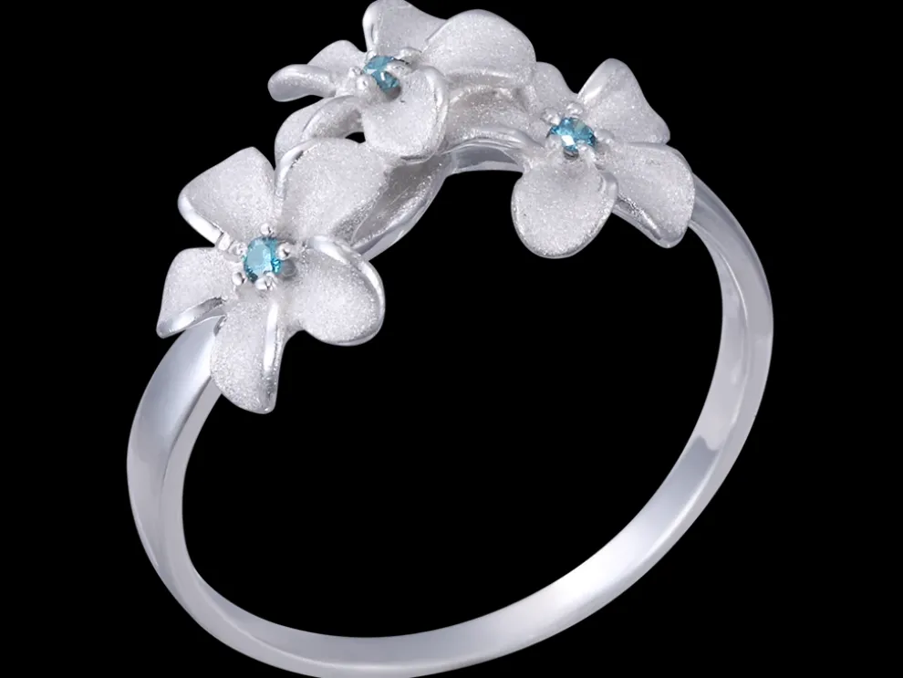 8Mm 14K Plumeria Ring With 3 Blue Diamonds