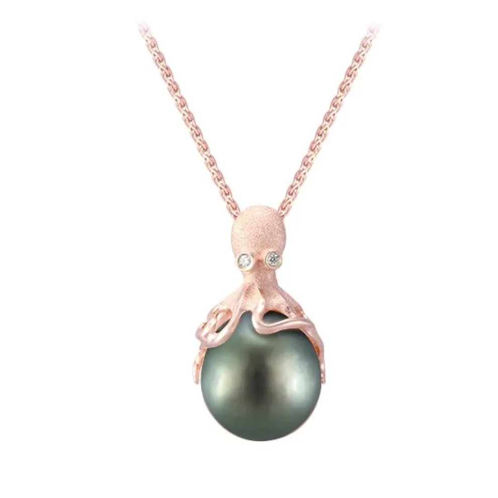 Rose Gold Octopus Pendant With 11Mm Tahitian Pearl & Diamonds