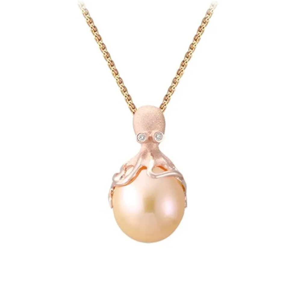 Rose Gold Octopus Pendant With 12Mm Peach Fresh Water Pearl & Diamonds