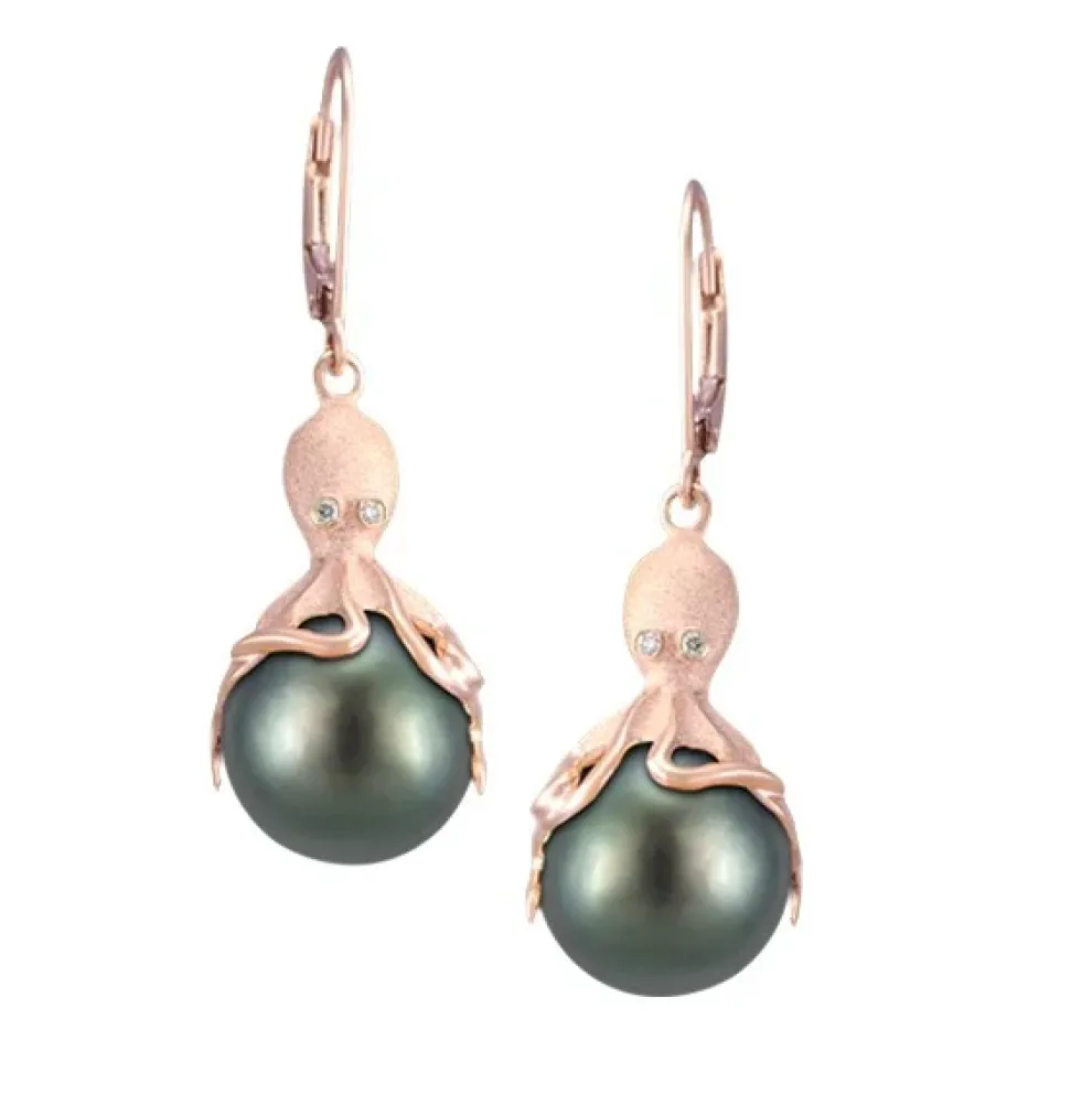 Rose Gold Octopus Earrings With 11Mm Tahitian Pearls & Diamonds