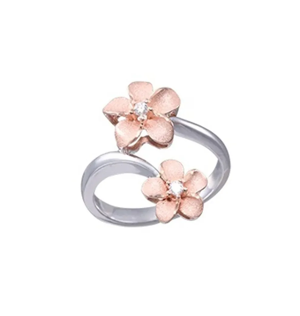 2/Tone 14K 6 & 8Mm "Hang 5" Plumeria Ring With 2 Diamonds