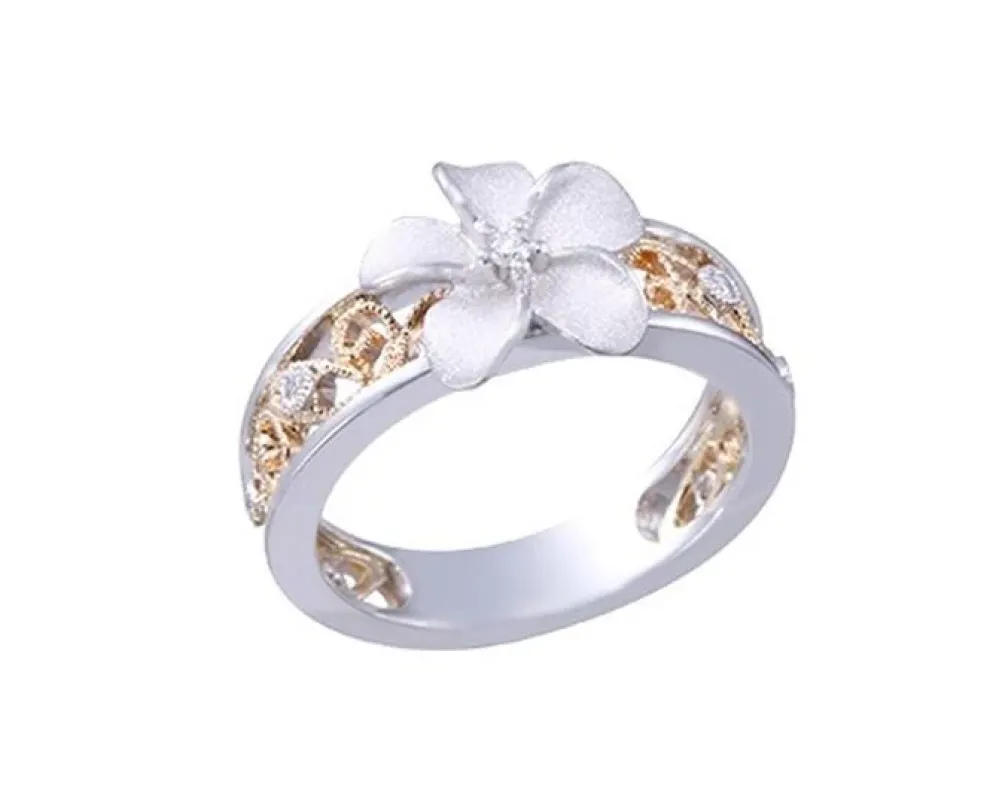 2/Tone 14K Plumeria Chandelier Ring With 7 Diamonds