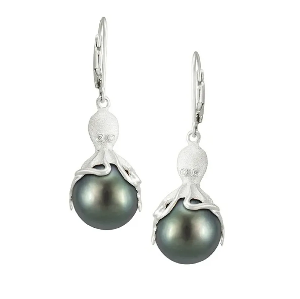 White Gold Octopus Earrings With 11Mm Tahitian Pearls & Diamonds