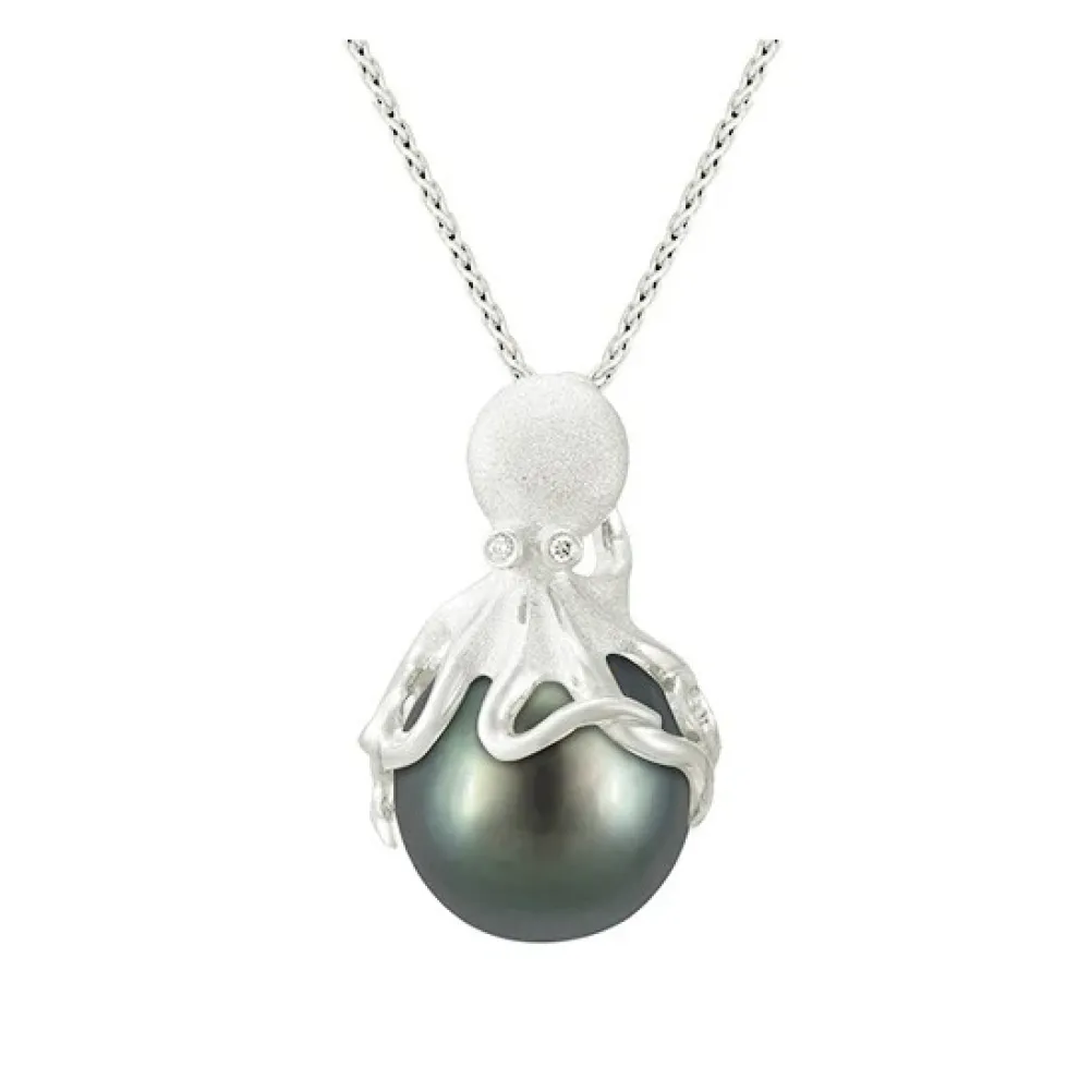 White Gold Octopus Pendant With 13Mm Tahitian Pearl & Diamonds